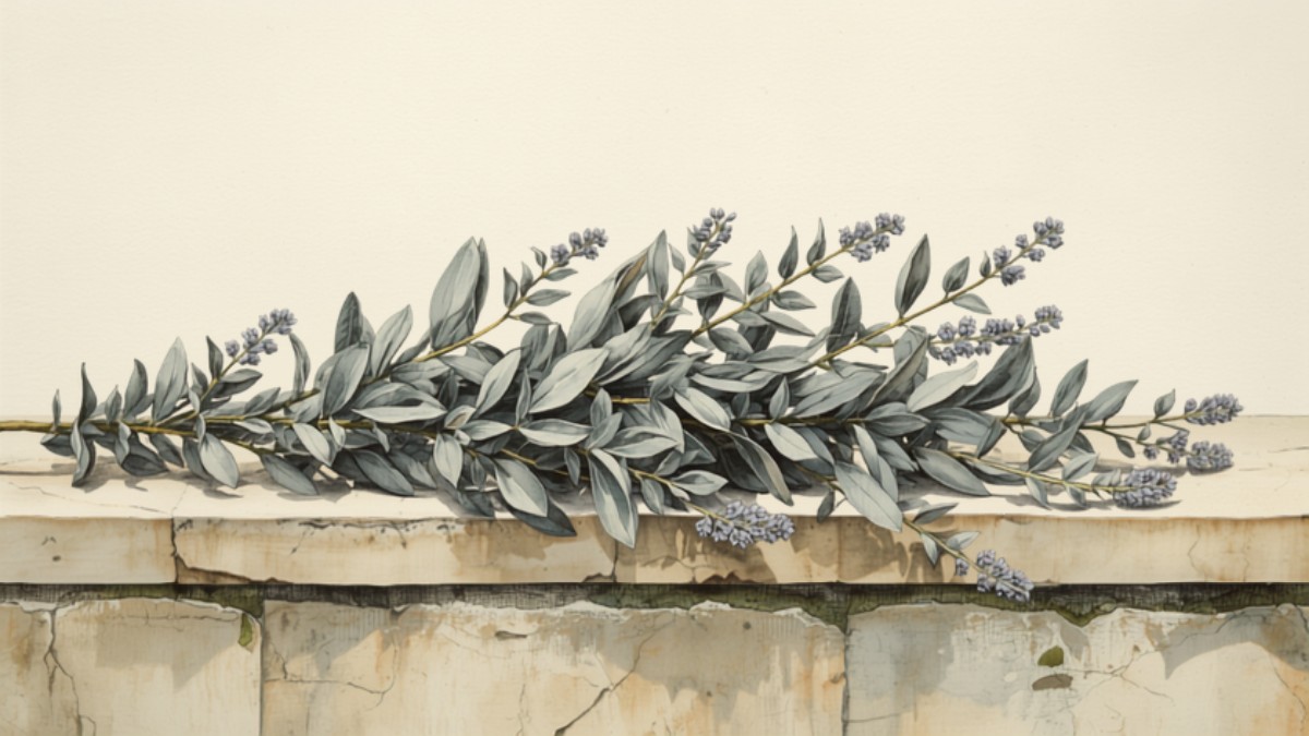 Sage benefits for digestion - grey-green Salvia officinalis leaves and violet flower spikes on a weathered monastery windowsill