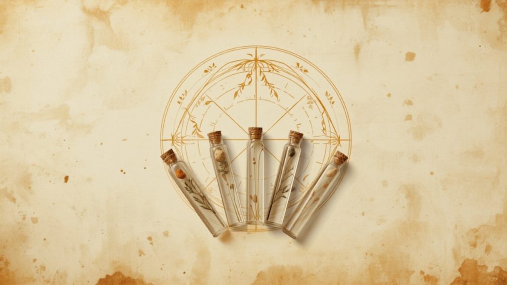 Four apothecary vials of herbs on parchment illustrating the four temperaments in Hildegard von Bingen’s medicine